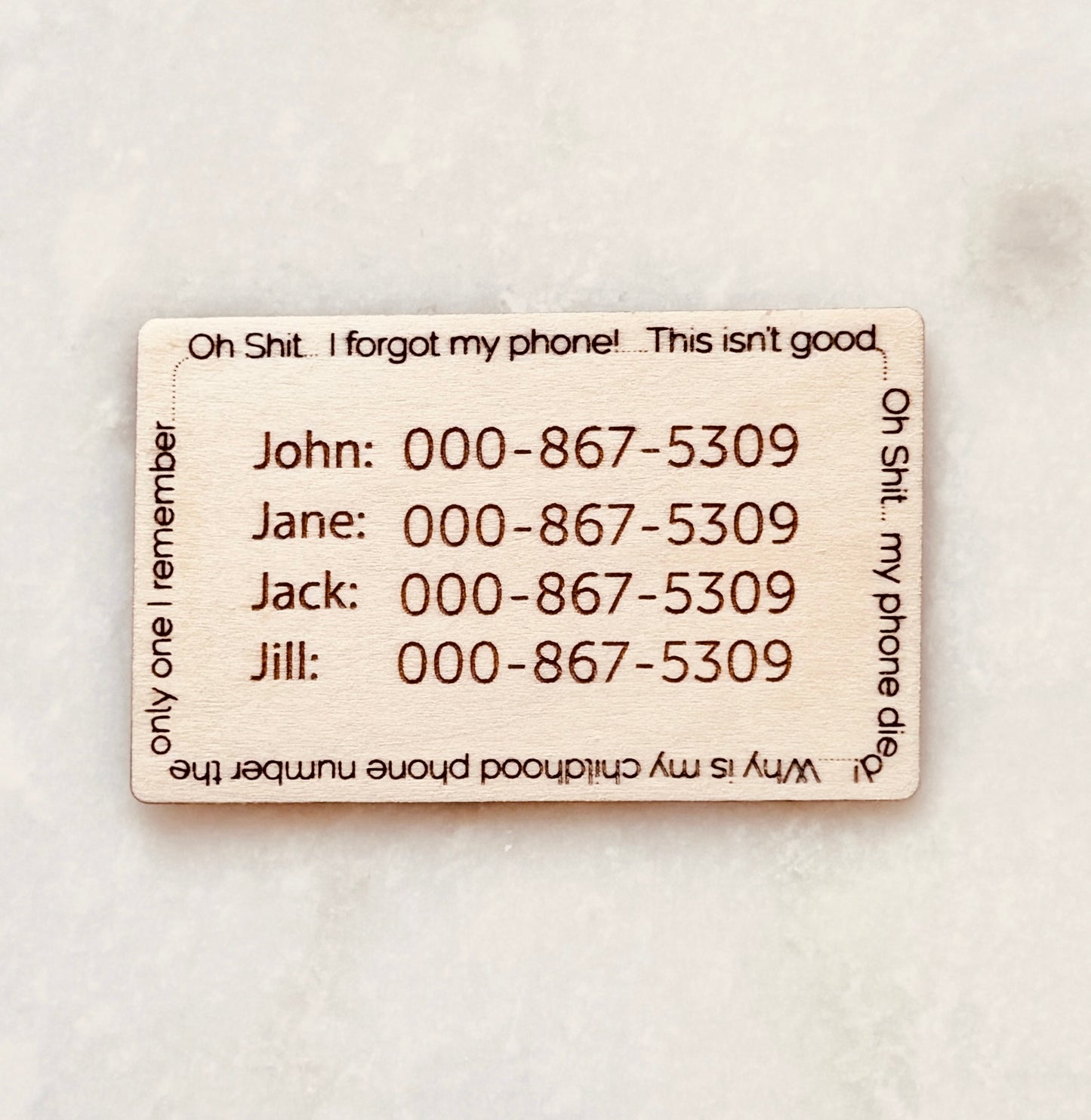 Contact Card "Why is my childhood number the only one I remember" - wood