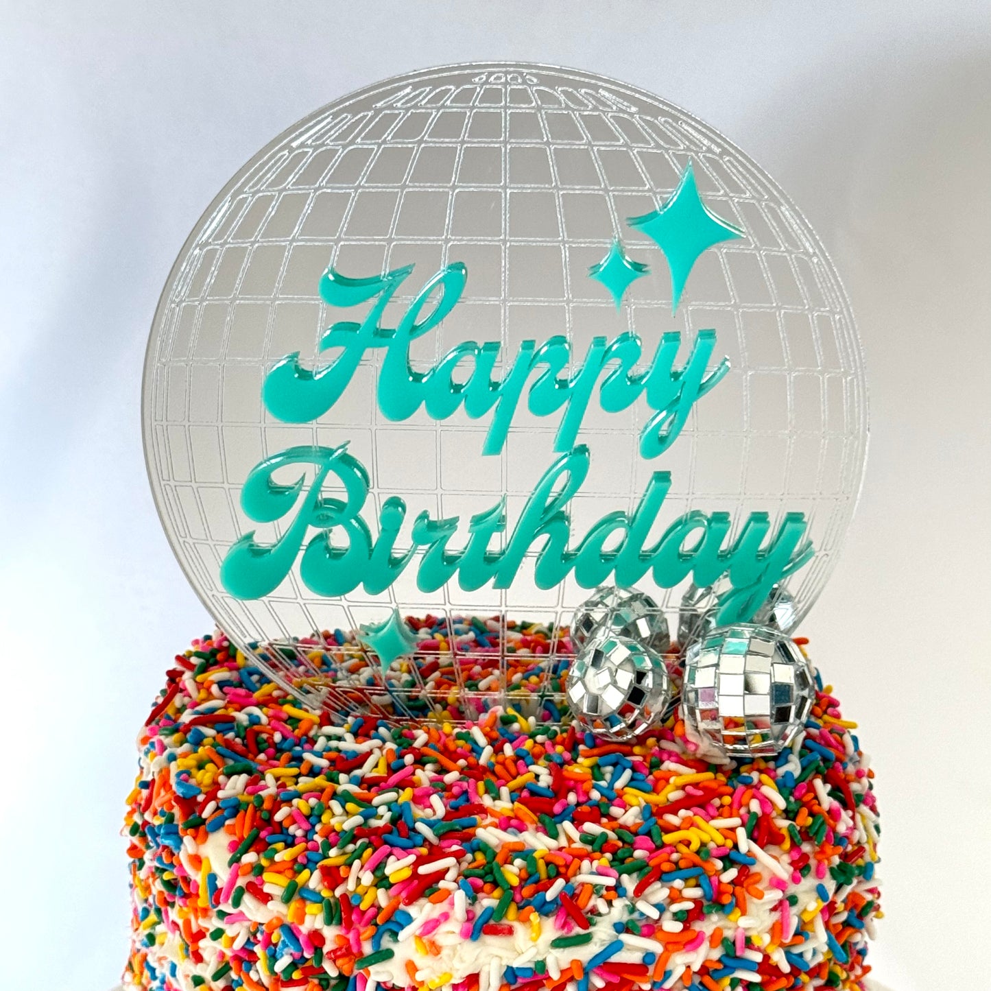 Mirror Ball Happy Birthday Cake Topper