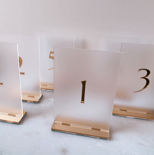 Table Number Sign - Frosted Acrylic with Mirror Metallic Accent