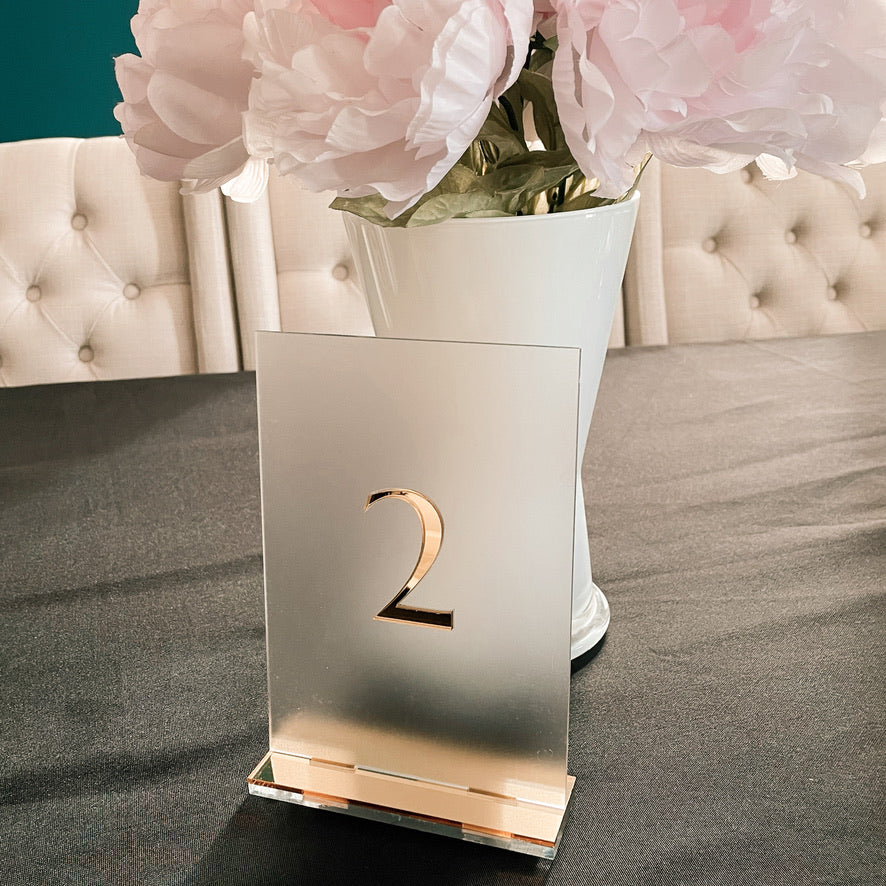 Table Number Sign - Frosted Acrylic with Mirror Metallic Accent